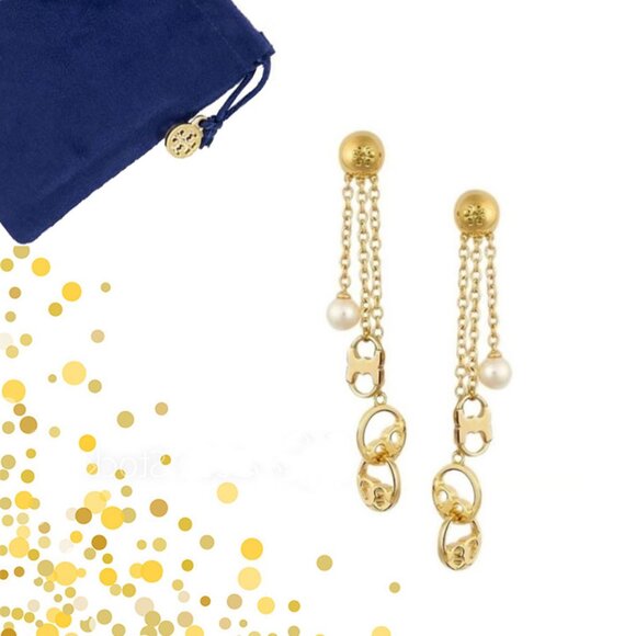 Tory Burch Gold & Pearl Chain Dangling Earrings NWOT - Picture 1 of 7